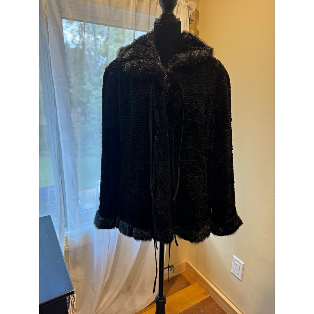 UTEX Vintage Black Faux Fur Jacket Women XL Hooded Lined Hook & Eye 228839